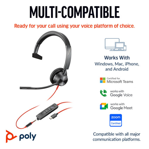 POLY Blackwire 3315 Monaural Microsoft Teams Certified USB-C Headset +3.5mm Plug +USB-C/A Adapter POLY Blackwire 3315 Monaural Microsoft Teams Certified USB-C Headset +3.5mm Plug +USB-C/A Adapter